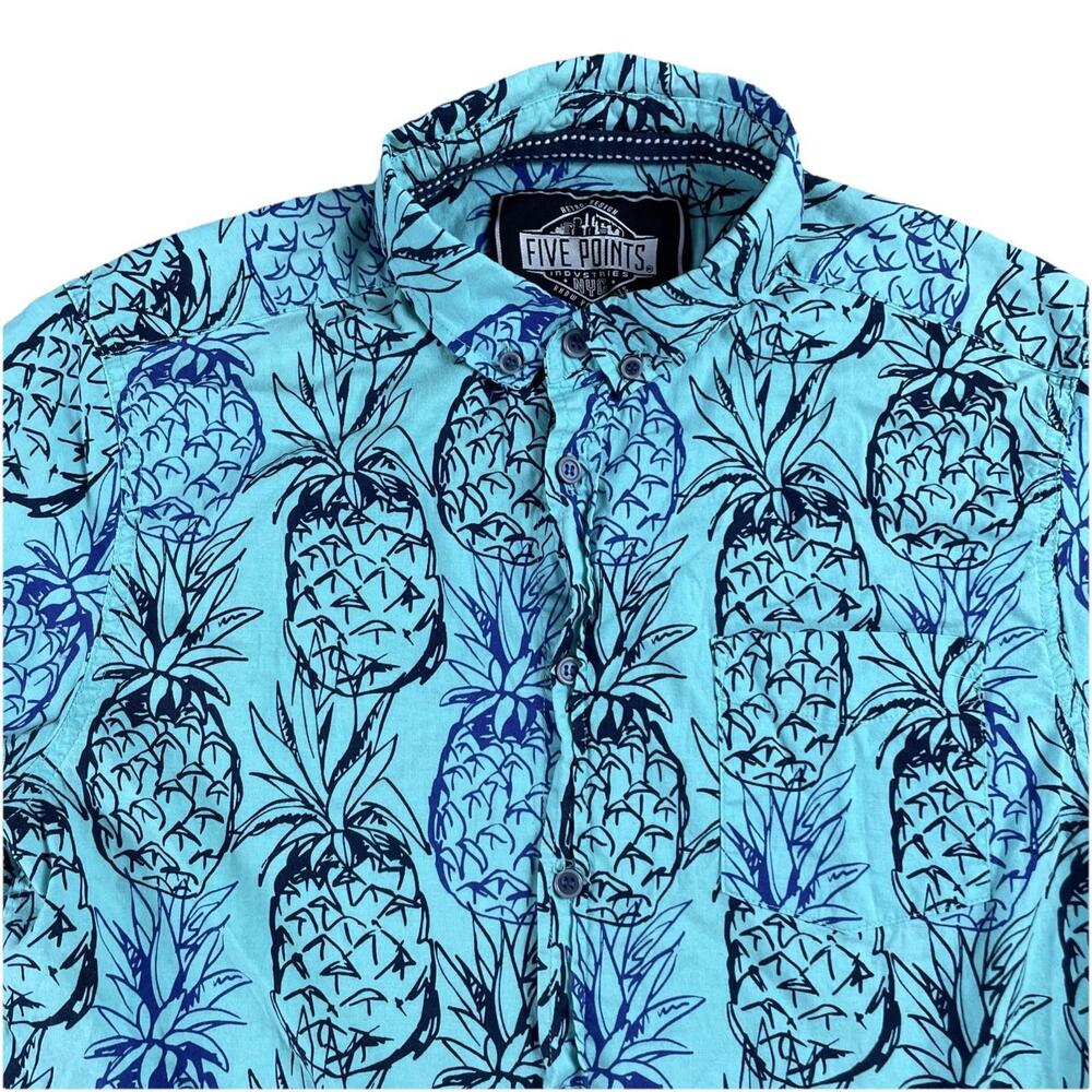 Five Points Slim Fit Flex Button Up Shirt Pineapple Print Short Sleeve Teal